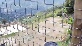 A girl has sex with a stranger farmer outdoors, he cum on her pussy
