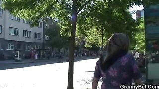 Old grandma with freckles and big boobs rides a young guy’s cock