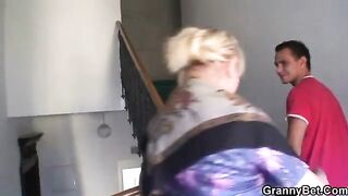 Old grandma with freckles and big boobs rides a young guy’s cock