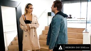 Aiden Ashley gets her pussy destroyed by her BF and his friend in a rough encounter