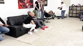 Monika Fox gets fucked hard in every hole by 7 guys in intense backstage action