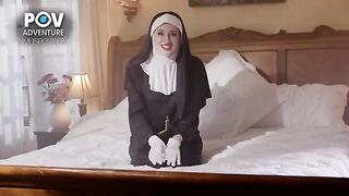 A nun adventures with a young man in a steamy, real POV style video