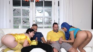 Two hot stepdaughters, Keira and Penelope, in Halloween costumes, get fucked by their dads