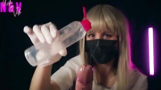 A crazy nurse in latex gloves brings the guy to orgasm