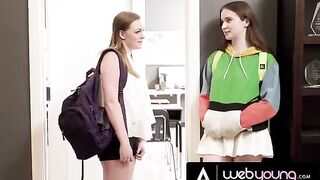 Horny teen Hazel Moore eats her busty bestie Samantha Reigns' pussy in class