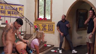 Busty milf housekeeper gets fucked hard by a group of horny college guys