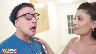 Hot British Indian model licks sperm from the geek's glasses after he came on his face
