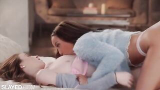 Two hot girlfriends have a sensual lesbian sex on the bed