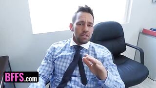 Three busty secretaries get fucked by their boss's stepson in an office orgy
