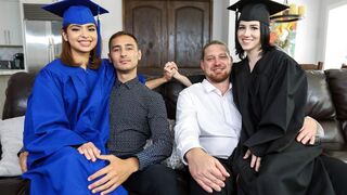 Two step daughters are getting fucked hard by their father on graduation day