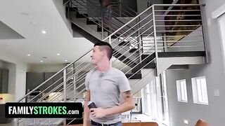 Step sister with huge natural tits gets her two stepbrothers' big cocks