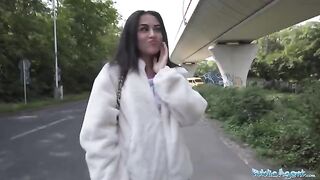 Petite British brunette nearly gets hit by taxi, saved by Public Agent’s quick thinking and cash offer