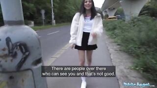 Petite British brunette nearly gets hit by taxi, saved by Public Agent’s quick thinking and cash offer
