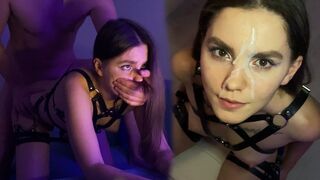 A hot brunette woman with long hair jumps on a dick wearing a harness