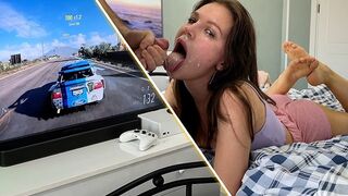 A girl was playing Xbox when a guy came and fucked her mouth roughly