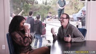 Ebony babe Paris The Muse gets her mouth filled with ten white dicks in a bukkake scene