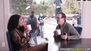 Ebony babe Paris The Muse gets her mouth filled with ten white dicks in a bukkake scene