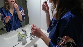 The French beauty with big boobs is fucking in the bathroom early in the morning