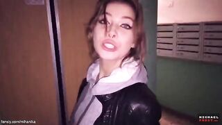 A cute girl is walking outside with no panties, showcasing a daring attitude