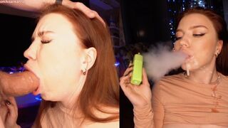 A cute girl is smoking a cigarette and doing a blowjob