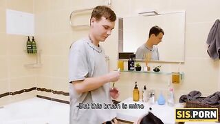 A girl has an intimate moment with her stepbrother in the bathroom