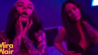 Two submissives are having fun with a man in a rough, hardcore style