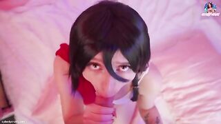 Cosplay Mikasa Ackerman from Attack on Titan gets her pussy railed and receives a cum facial