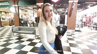 A hot blonde has sex in the shopping mall toilet for money