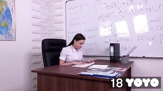 A pretty baby fantasizes about a teacher and caresses herself in his chair