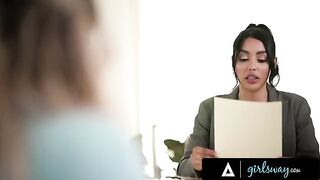 Busty Kayley Gunner destroys sexy lawyer Vanessa Sky's cunt