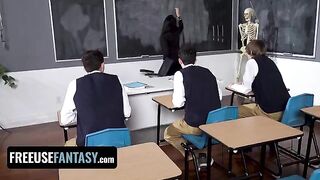 Hot teacher Valentina Nappi fucked by three students in a classroom