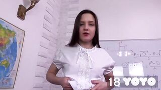 Cute girl came to the exam with a dildo in her pussy