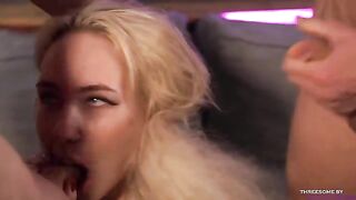Double blowjob, the blonde has a mouthful of big cocks in this steamy scene