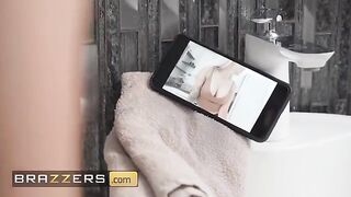 Isabelle Deltore showers, her pierced nipples teasing Jordi, who joins her