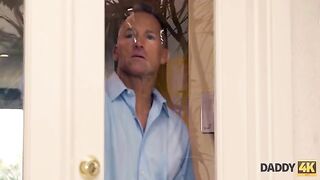 A mischievous girl is having fun with her boyfriend’s stepdad