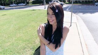 A cute petite teen, Mia Hurley, shows her tits for money and fucks a guy