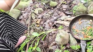 A hot single mom is cooking and having sex outdoors in the forest