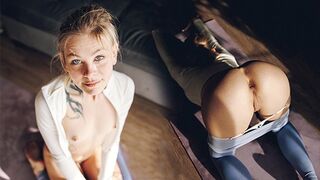 The girl is having fun with her yoga pants down