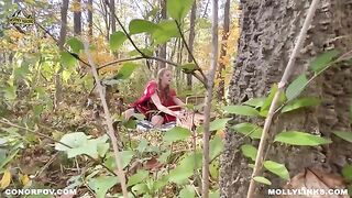 A sexy woman in a Red Riding Hood costume is fucking with a big man in the wood