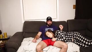 The stepson fucks his steaming-hot stepmom on the couch, risking cum in mouth