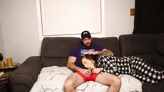 The stepson fucks his steaming-hot stepmom on the couch, risking cum in mouth