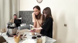 Two girls have a rest after cooking syrniki, getting intimate and engaging in a steamy threesome