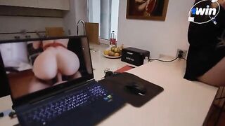 The cute slender girl fixes the laptop and receives passionate sex