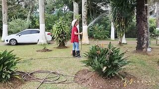 The gardener fucked two horny friends with big asses