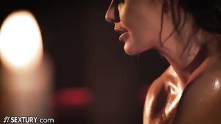 Skinny teen Lilu Moon gets oiled and fucked by busty cougar Tina Kay in sensual lesbian massage