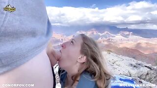 A hiking adventure turns into a hot outdoor session with a busty blonde on a cliff