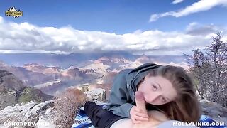 A hiking adventure turns into a hot outdoor session with a busty blonde on a cliff
