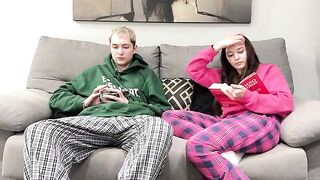 Guy masturbating on the couch next to his step sister was interrupted