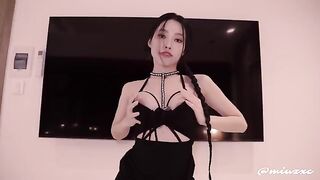 An Asian girl in a black dress was fucked and cum inside her