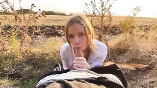 A beautiful Russian blonde gently blew cock in the forest at sunset